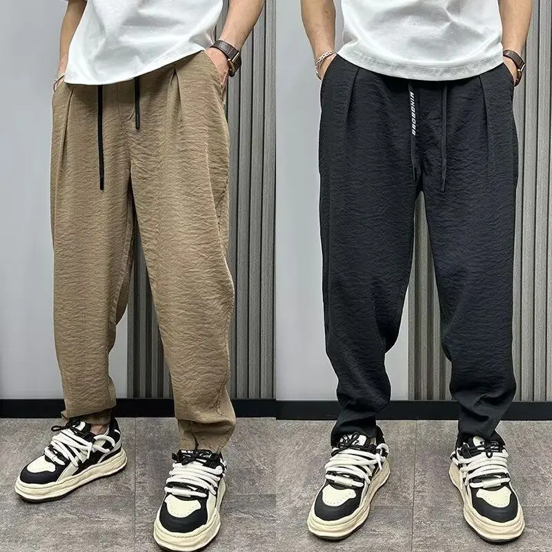 Ice Silk Linen Men's Casual Pants Loose Straight Leg Cool Wide Leg Cotton Linen Feel Sli Drapey Youthful Busin Casual