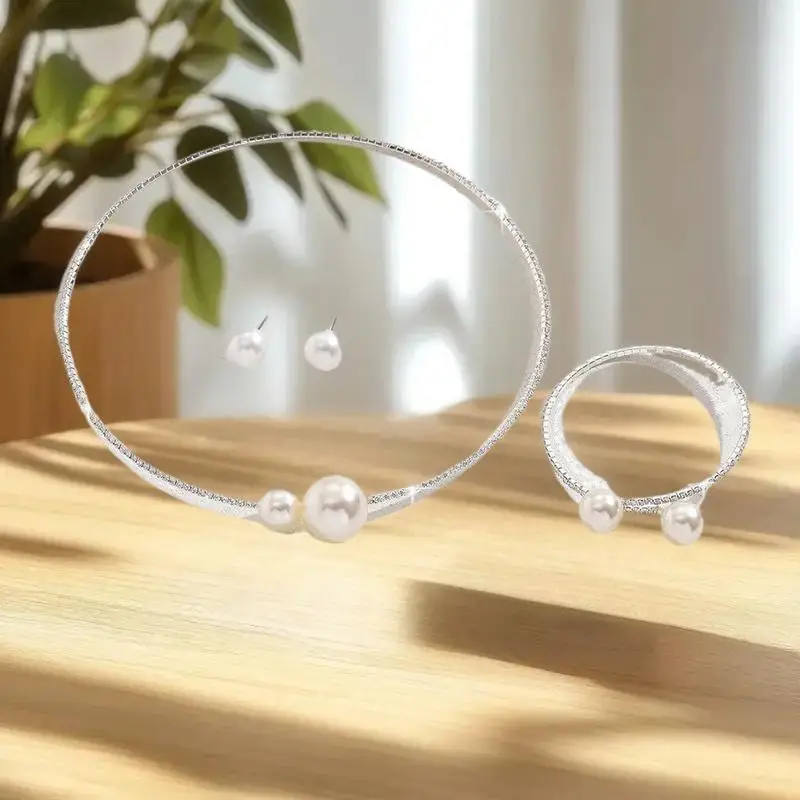 魅力的な 2 ピースの女性用パール ラインストーン ネックレスとブレスレット セット、結婚式のパーティーやギフトに最適です。