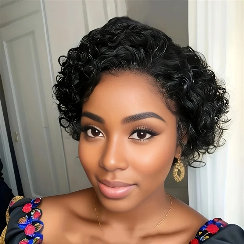 6inch 350/1b27/99j/natural black color 150% density daily use wig13×1 lace human hair wig short curly pixie cut human hair wig