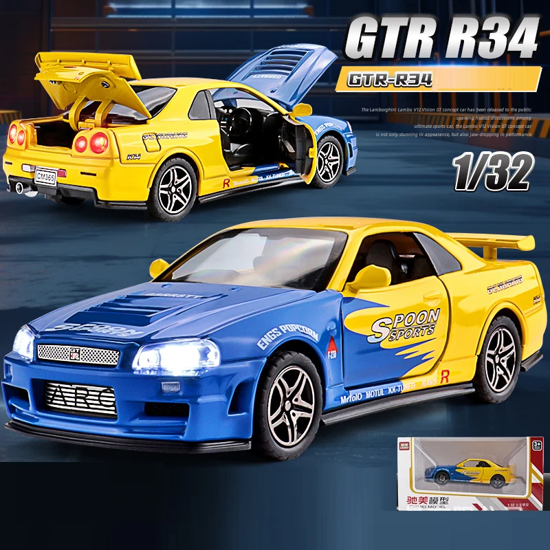 1: 32 Nissan GTR R34 Alloy Car Model Diecasts Toy With Sound and Light Vehicles Decoration Toys For Kids Gift