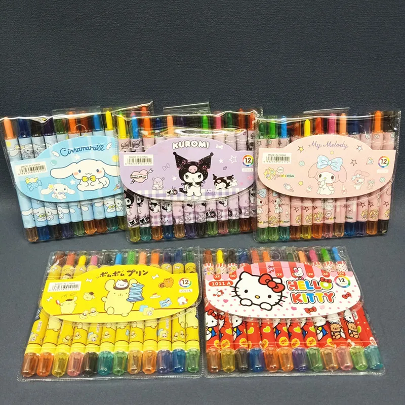 

12 Colors Sanrios Crayons Kawaii Hello Kittys Kuromi Melody Cinnamoroll Rotating Telescopic Coloured Pen Kids Drawing Graffiti