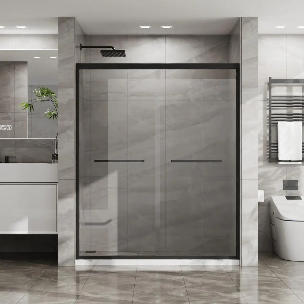 

60x72 Double Sliding Shower Door with 6mm Tempered Glass Aluminum Frame Matte Black Reversible Waterproof Design