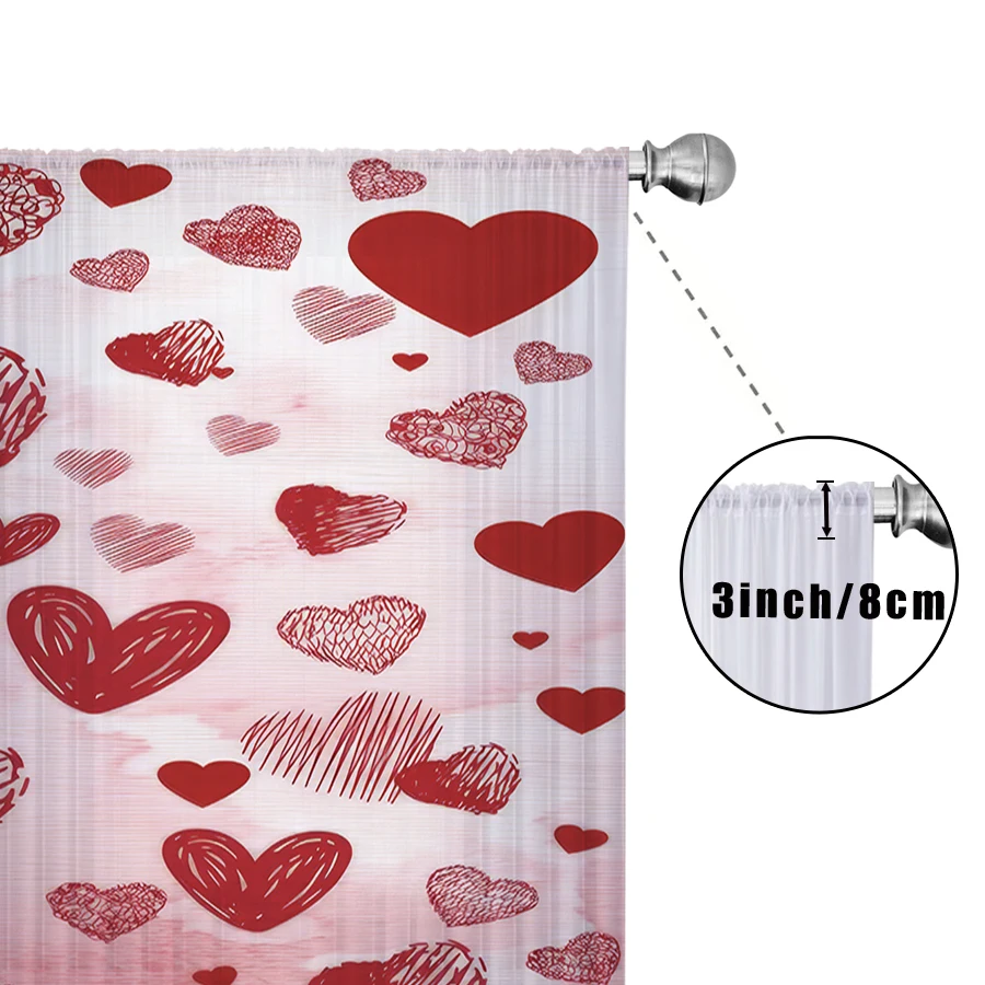 1 peça cortina de gaze decorativa em forma de coração pintada à mão vermelha, romântica e festiva, adequada para quartos e salas de estar