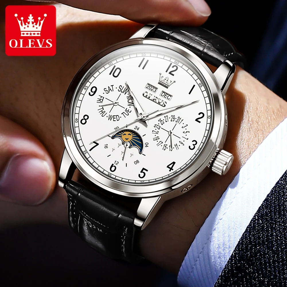 OLEVS 6698 New Moon Phase Mechanical Watch For Men Number 42mm Big Dial Leather Hand Clock Waterproof Automatic Man Watches 2024