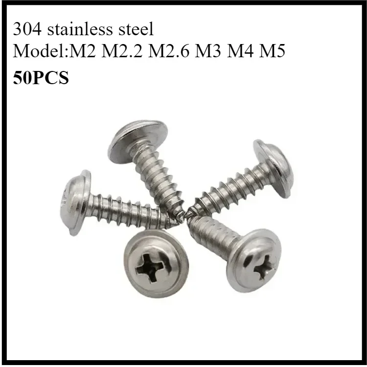 50PCS Autoroscuing M2 M2.2 M2.6 M3 M4 M5 304 Stainless Steel Phillips Cross Pan Round Head with Washer Self-Tapping Screw Btr