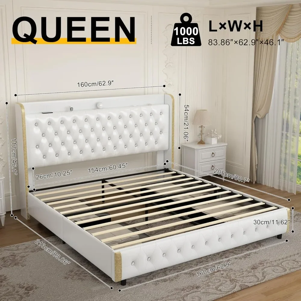 Queen Size Bed Frame with 4 Drawer, Star Projector Galaxy Light, Charger Music Speaker, Diamond Headboard, Upholstered Bed Frame