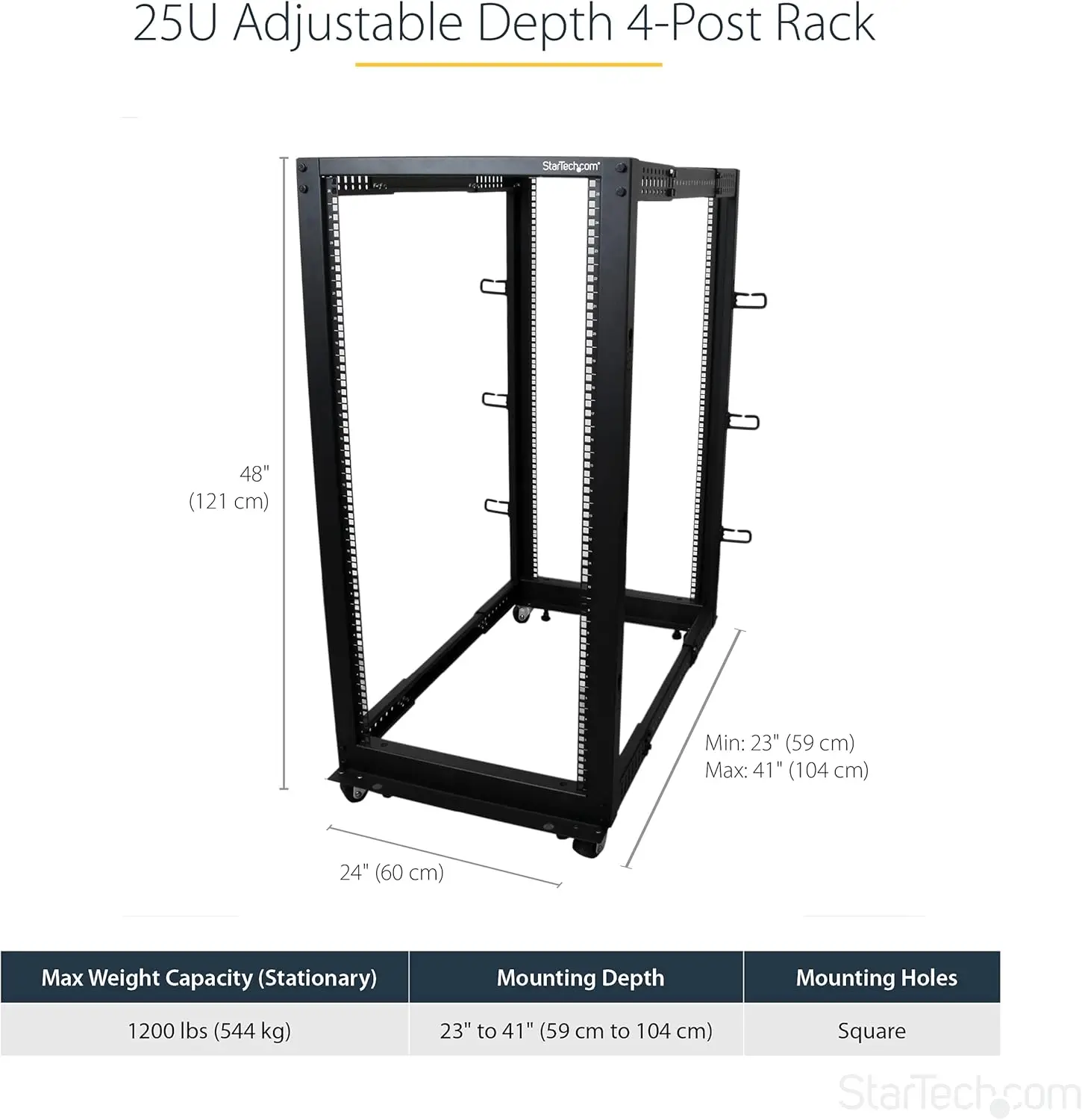 4-Post 25U Mobile Open Frame Server Rack, 19in Network Rack with Wheels, Rolling Rack for Computer/AV/Data/IT Equip