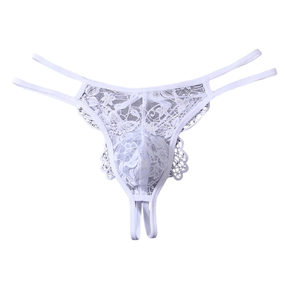 Men Sexy Lace Thong Panties Transparent Hollow Floral Lace Underwear Low Rise G String Briefs Breathable Lingerie For Nightwear