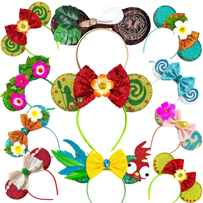 Disney Moana Ears Mickey Headbands Women Sequins Bow Hairband Girl Maui Headwear Kids Magical Fishhook Hair Accessories DIY Gift