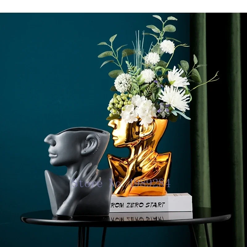 European-style Ceramic Abstract Human Face Vase Plant Flower Pot Countertop Decoration Bust Portrait Home
