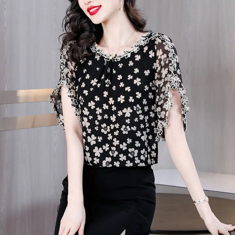 Korean Fashion Summer Women\'s Round Neck Printing Bow Bright Line Decoration Elegant Short Sleeve Loose Chiffon Shirt Tops