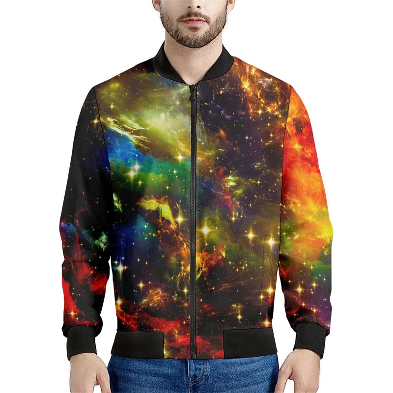 Colorful Universe Pattern Zipper Jacket For Men Galaxy Space 3D Printed Coat Casual Loose Tops Jackets Streetwear Long Sleeves