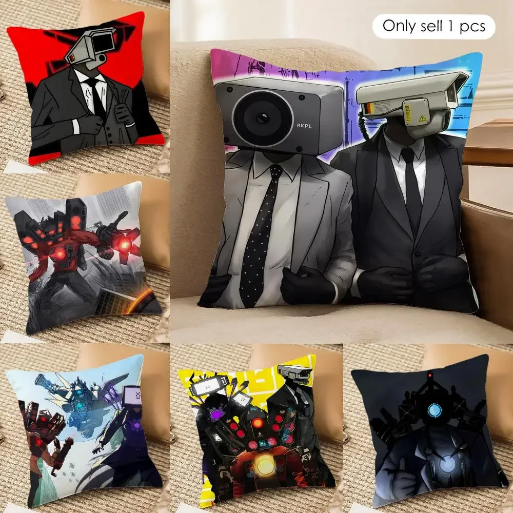 

S-Skibidi Toilet Band Cushion Cover Silky Short Plush Invisible Zipper Dustproof Sofa Pillow Case For Home Decor