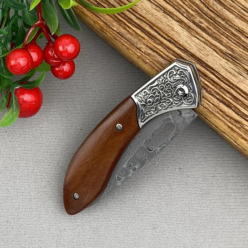 Coltello pieghevole Nuovo stile Il manico in legno Coltello da tasca per strumenti EDC da campeggio all'aperto con lama in acciaio di Damasco manuale puro