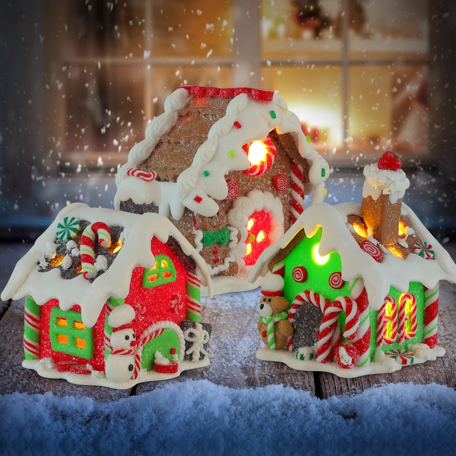 

3Pcs Glowing Resin Craft Houses Luminous House Props for Christmas Decoration Night Light Ornament Desktop Window Decor