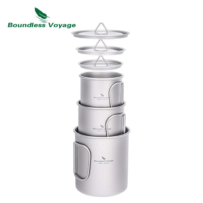 

Boundless Voyage Titanium Camping Cup with Lid 300ml 450ml 750ml Stackable Lightweight Mug Pot for Backpacking, Hiking, Travel