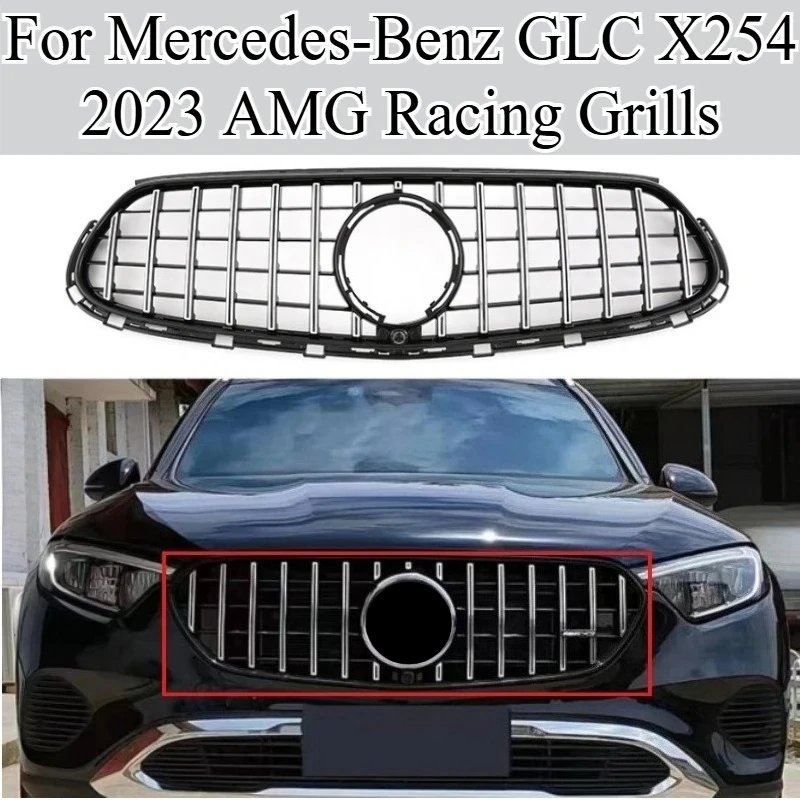 

For Mercedes-Benz GLC X254 2023 AMG Line & Standard Vertical Stripe Grille Glossy Black/Silver ABS Front Mesh Grill Replacement