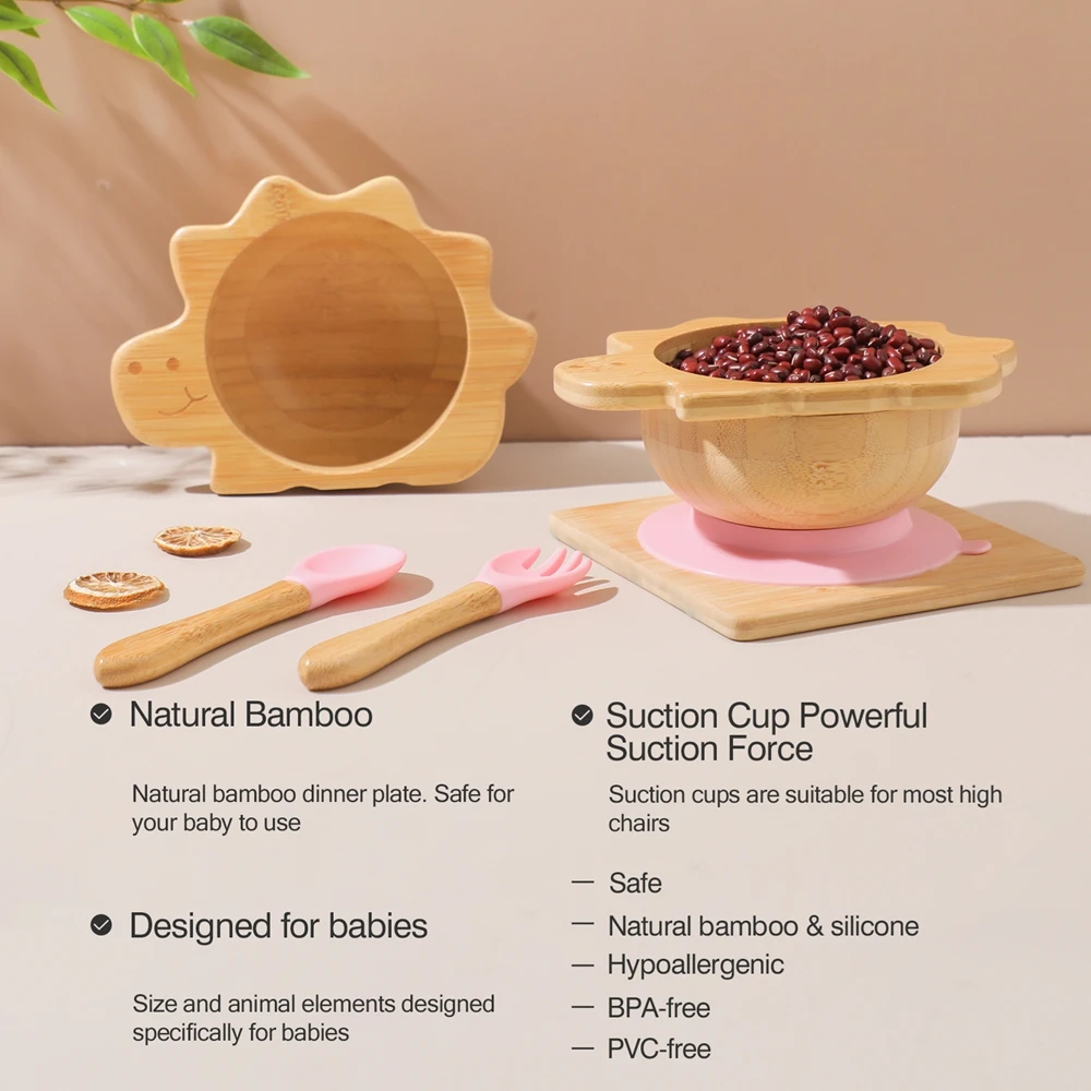 Ensemble de vaisselle en bois pour bébé, bol en bambou avec ventouse, manche en bois en silicone, fourchette et cuillère, fournitures d'alimentation pour enfants, 3 pièces