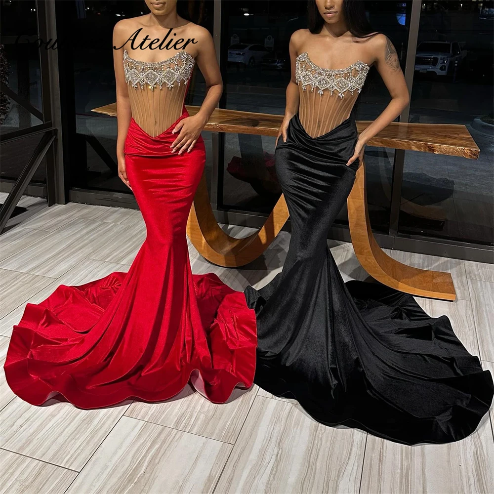 Black Red Velvet Luxury Long Prom Dresses Gowns For Black Girls 2024 Mermaid Birthday Party Dress Strapless Homecoming Gowns