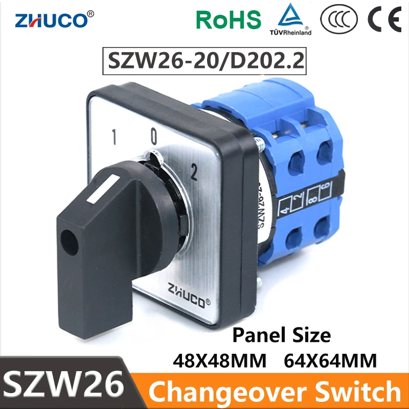 ZHUCO SZW26/LW26-20 Ith 20A Ui 660V 2 Pole 8 Screws 3 Position 64X64 48X48 MM Panel Transfer ON OFF ON Changeover Cam Switch