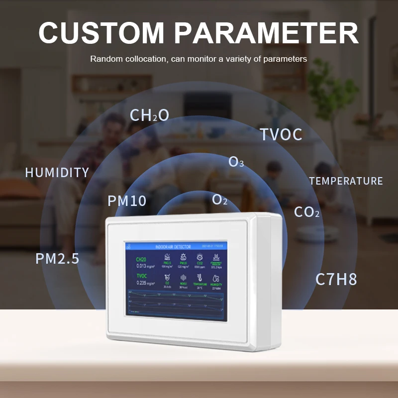Multi-Parameter Indoor Gas Detector with 7-inch Smart Android Screen PM2.5, PM10, O3, O2, TVOC, CO2, HCHO Wall-mounted Version