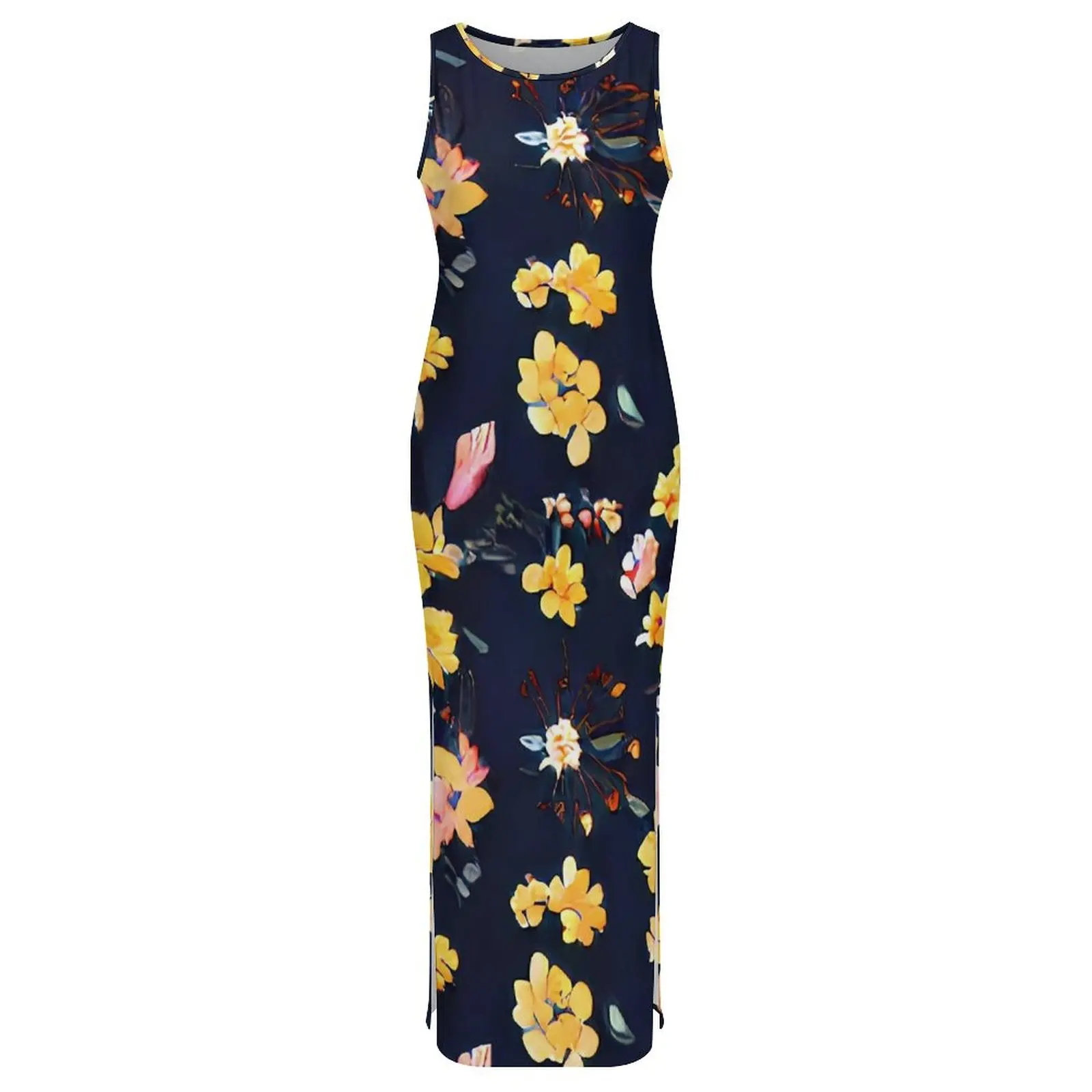 Gele bloemenjurk Mouwloze vintage bloem Street Fashion Maxi-jurken Mooie bodycon-jurk Dames grafische oversized kleding