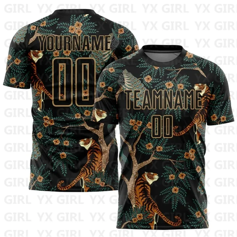 

Custom Black Old Gold Tiger And Peacock Sublimation Soccer Uniform Jersey Personlized Team name and you name number T-Shirts