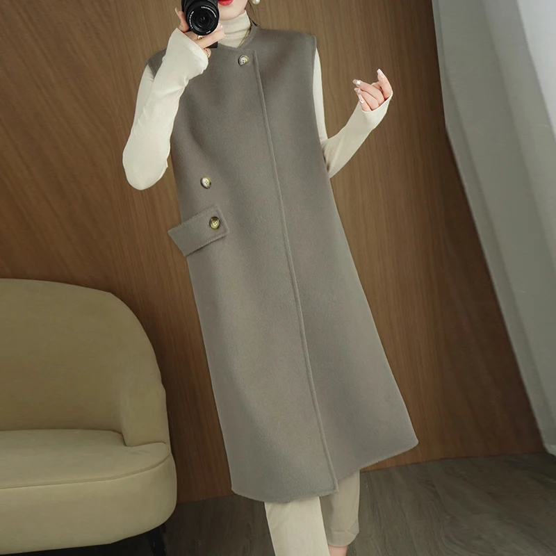 Ladies' 100% cashmere thick double-sided long sleeveless coat, classic multifunctional and fashionable, suitable for business an