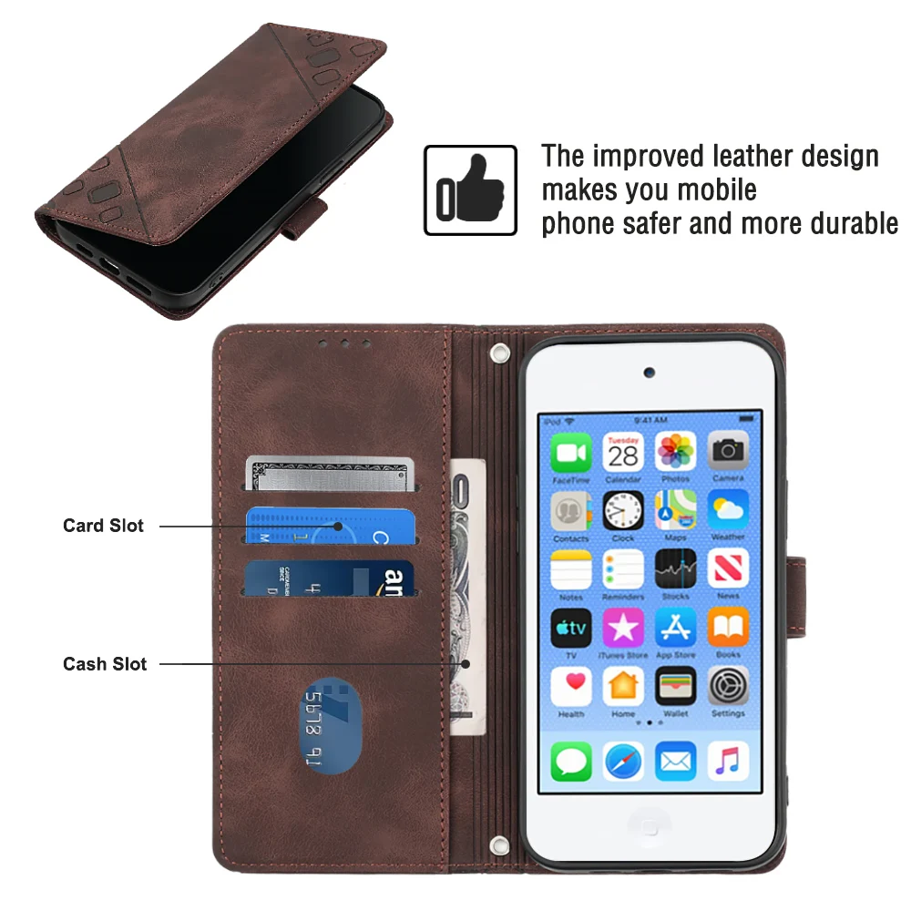 Simple Wallet Design Wrist Strap Leather Case for iPod Touch 5/6/7 Magnetic Flip Cover with Card Slot Holder and Kickstand