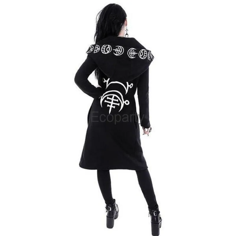 New Women\'s Vintage Punk Cardigan Hoodie Jacket Black Moon Printed Long Sleeved Witch Cosplay Hooded Sweater Lady Gothic Outwear