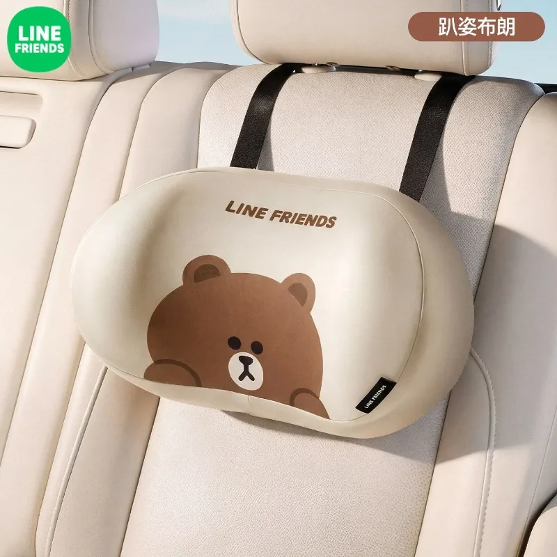 Neues Line Friends braunes Auto-Nackenkissen mit hohem Farbwert, Cartoon-Puppen-Print, niedliches Paar, schlicht, vielseitig, für alle Jahreszeiten geeignet, Kopfstütze – Detail 6