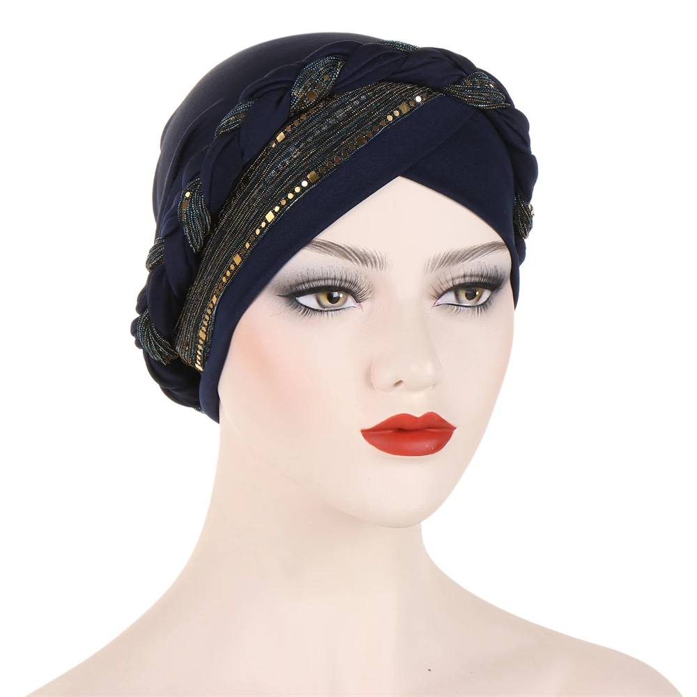 Turbante con lentejuelas cruzadas en la frente para Mujer musulmana, gorro trenzado, gorro de quimio, gorro, Hijab, pañuelo para la cabeza, pañuelo para la pérdida de cabello