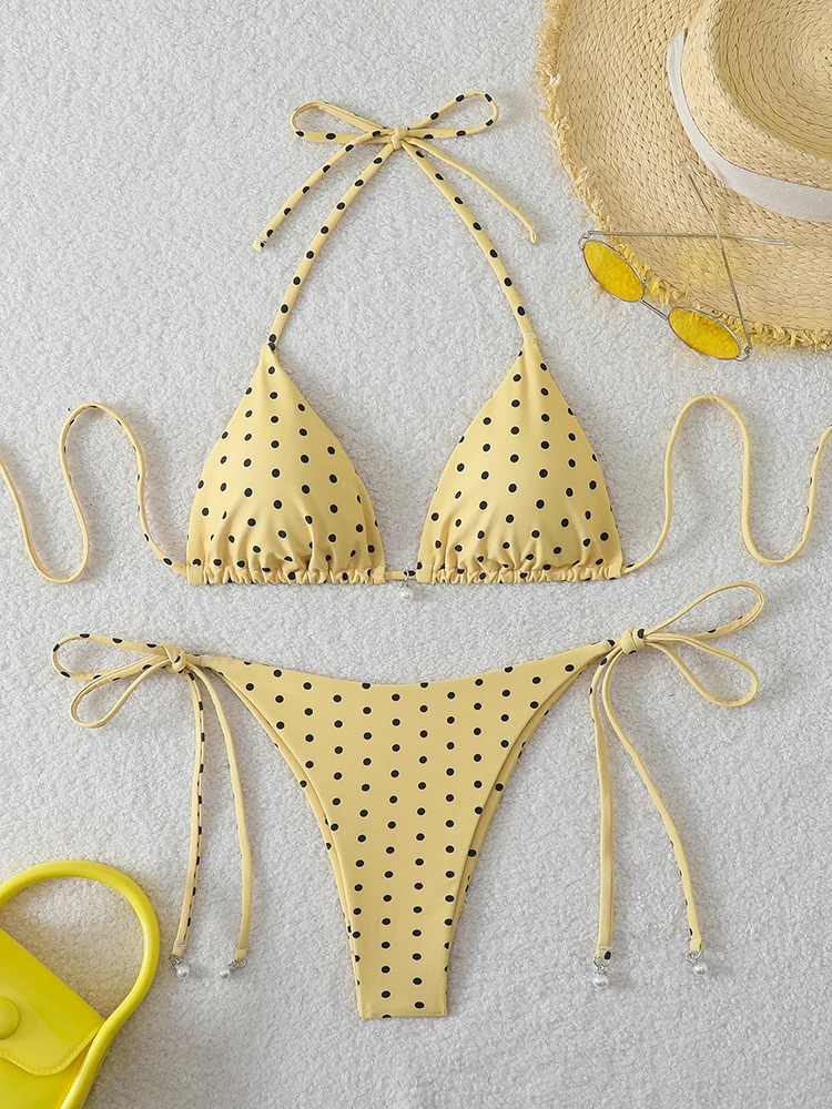 

Модные бикини 2026: Женский купальник, сексуальные микро-бикини с жемчугом, комплекты с принтом в горошек, женская пляжная одежда, купальные костюмы