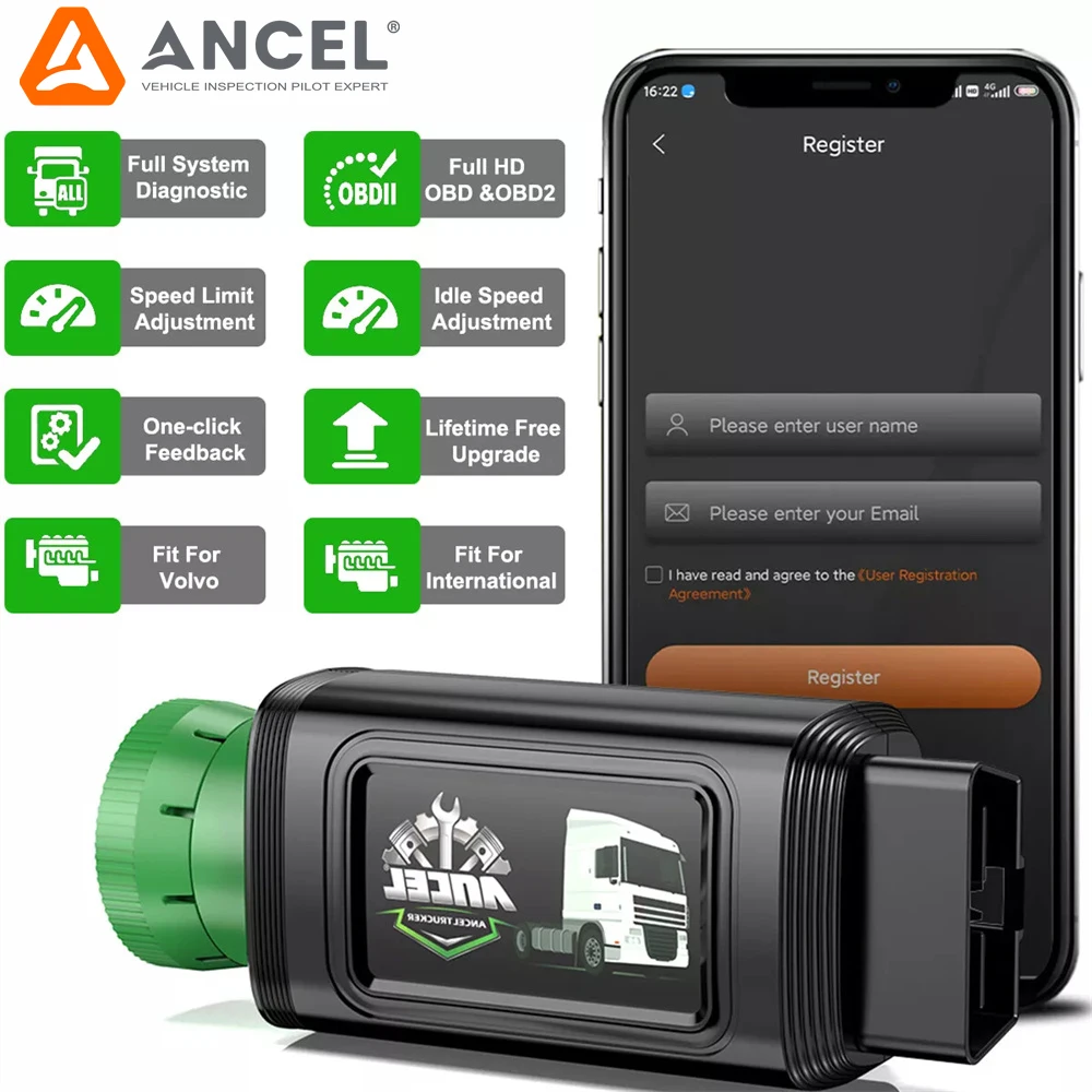 ANCEL HD210 Heavy Duty Truck Scanner Speed Limit Idle Reset for Volvo & International Engine All System Diesel Diagnostic Tool