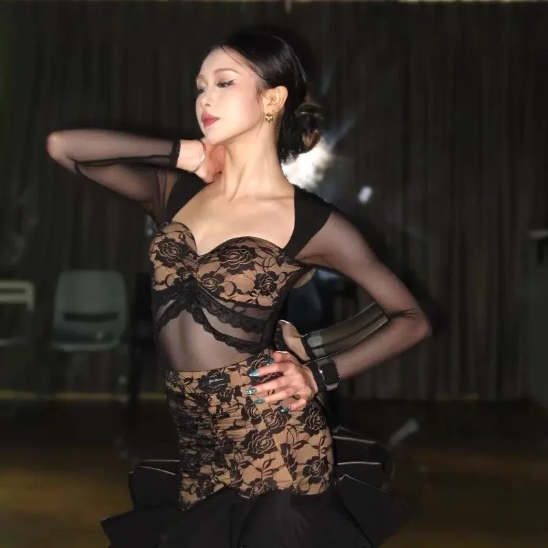

customized Latin dance dress practice dress for women performance suit retro lace mesh top hip hugging half skirt set