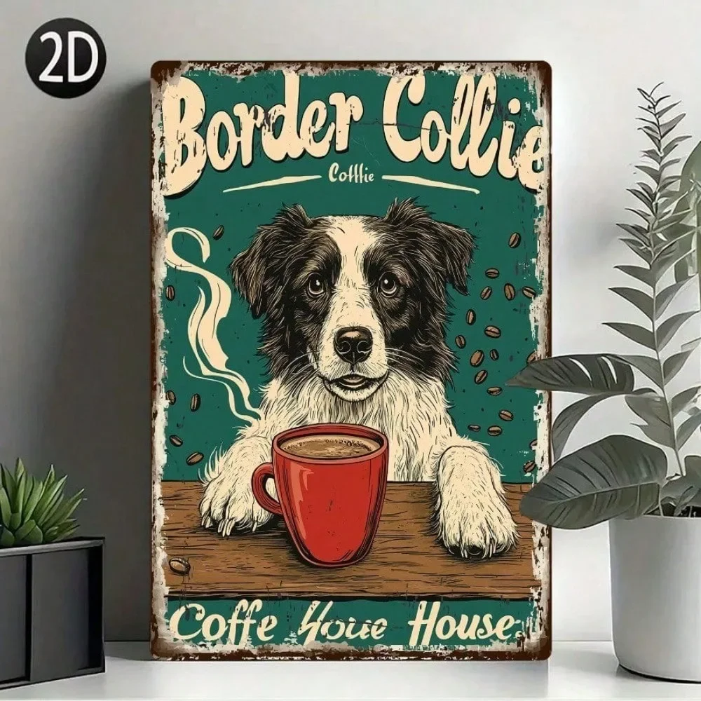 1pc Vintage Metal Wall Sign Plaque 12x8 Inch Border Collie Coffee House Retro Cafe Farmhouse Bar Man Cave Decor
