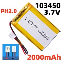 103450 3.7V 2000mAh Polymer Lithium Rechargeable Battery jst PH 2.0mm 2pin plug for Camera GPS navigator MP5 Bluetooth Headset