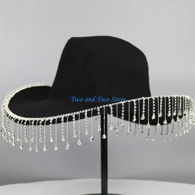 

HX6F Cowboy Hat Tassels Knight Hat Hand Beading Crystal for Bachelorette Party
