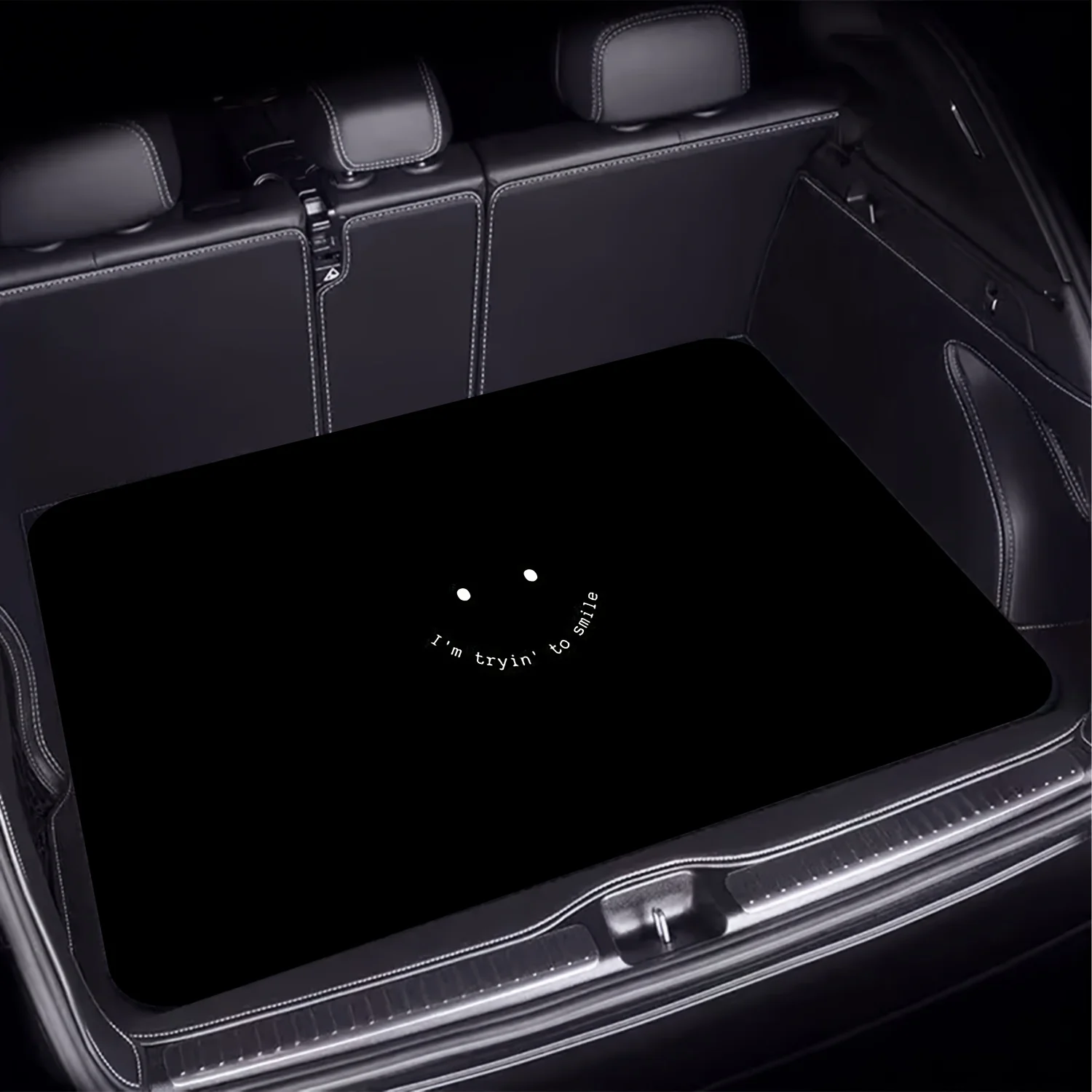 Dark Quirky Smiley Face Car Trunk Mat, Universal Fit Cargo Liner Trunk Protector, Grunge Gothic Auto Interior Additions, Dirt-Re