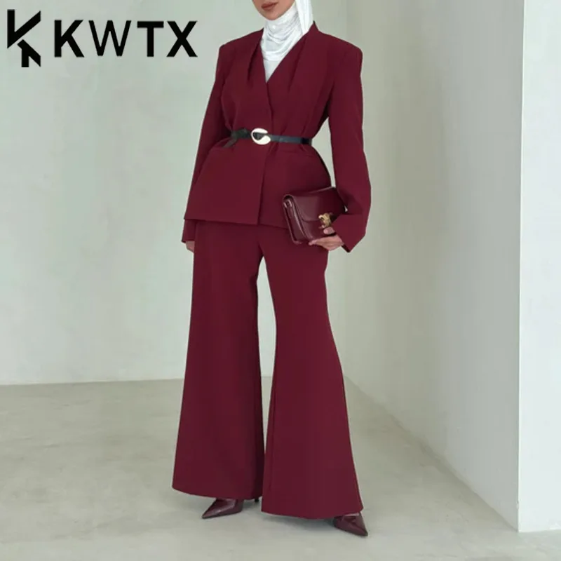 

KWTX 2025 Summer Women's Pleated Blazer Pants Set Belted Two Piece Outfit Wide Leg Suit Spring Office Chic Trendy Vacation Ready