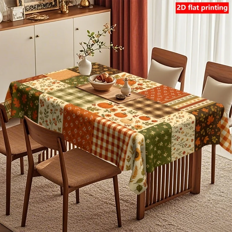 Autumn Fall Patchwork Tablecloth Pumpkin Maple Leaf Sunflower Print Farmhouse Country Table Cover Vintage Thanksgiving Dining