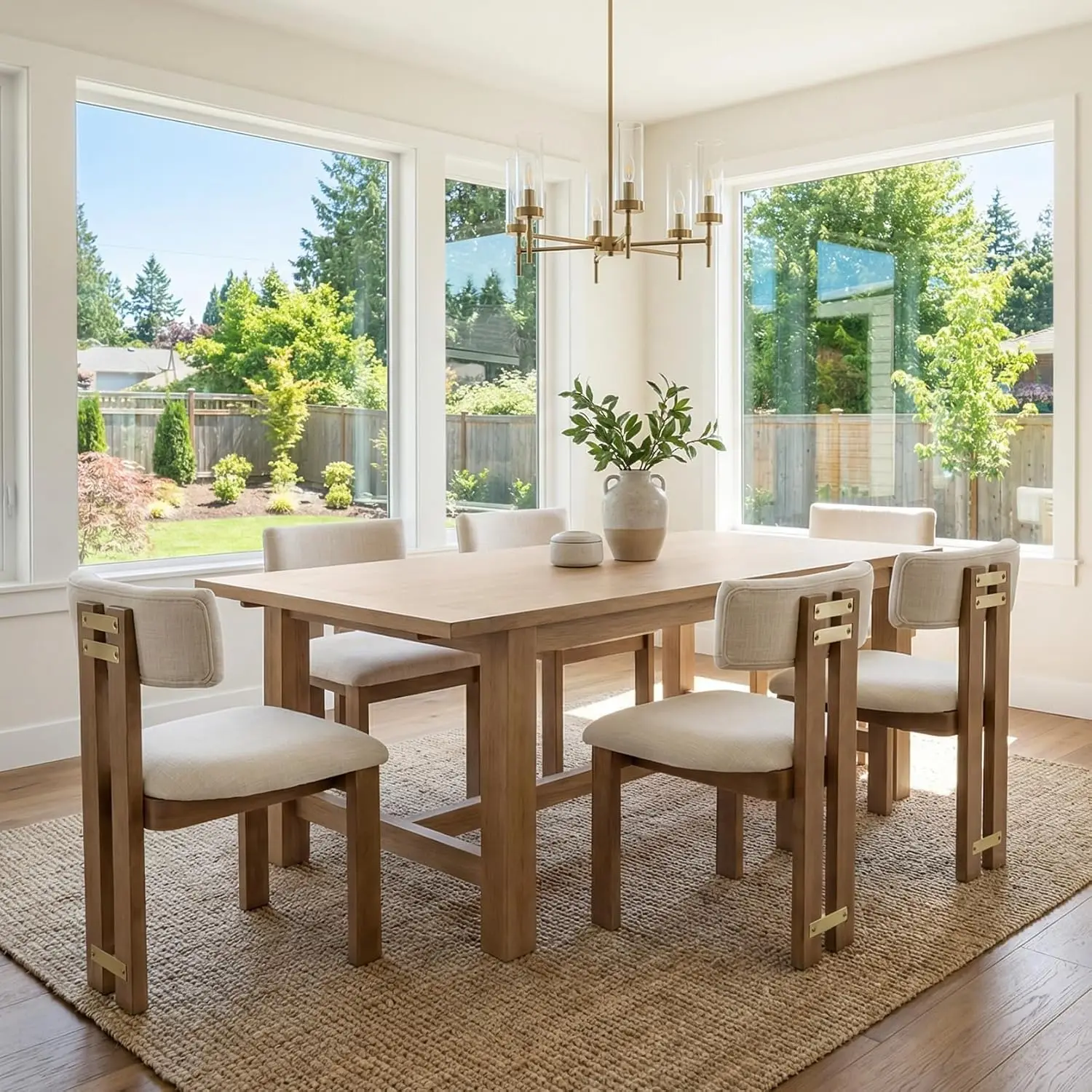 Linen Dining Chair Set 6 Upholstered Curved Backrest Natural Wood Frame Armless Kitchen Dining Room Beige, Customized