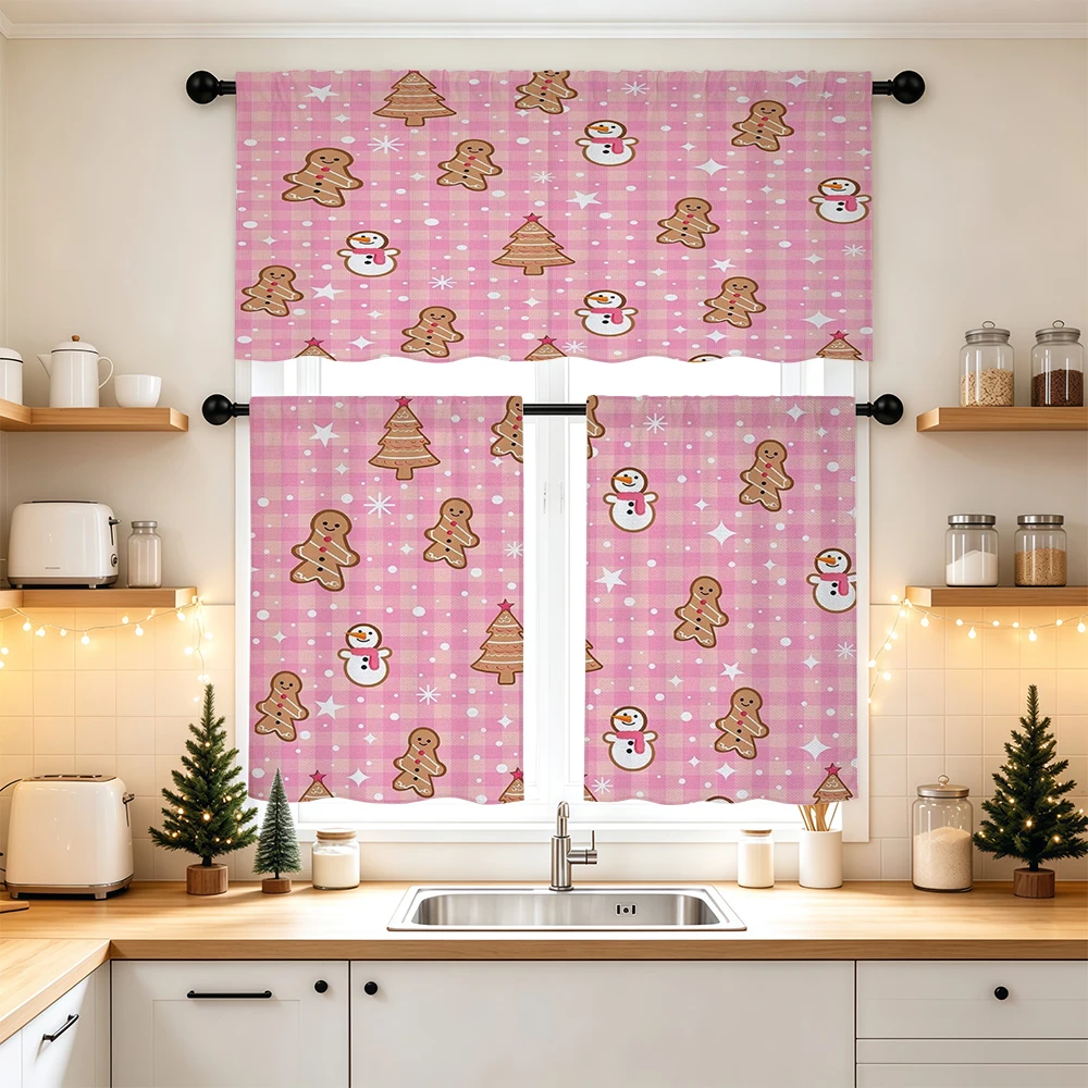 Christmas Kitchen Curtains, Pink Plaid Gingerbread Snowman, Digital Print, Kitchen Dining Room, Rod Pocket Polyester, Home Decor