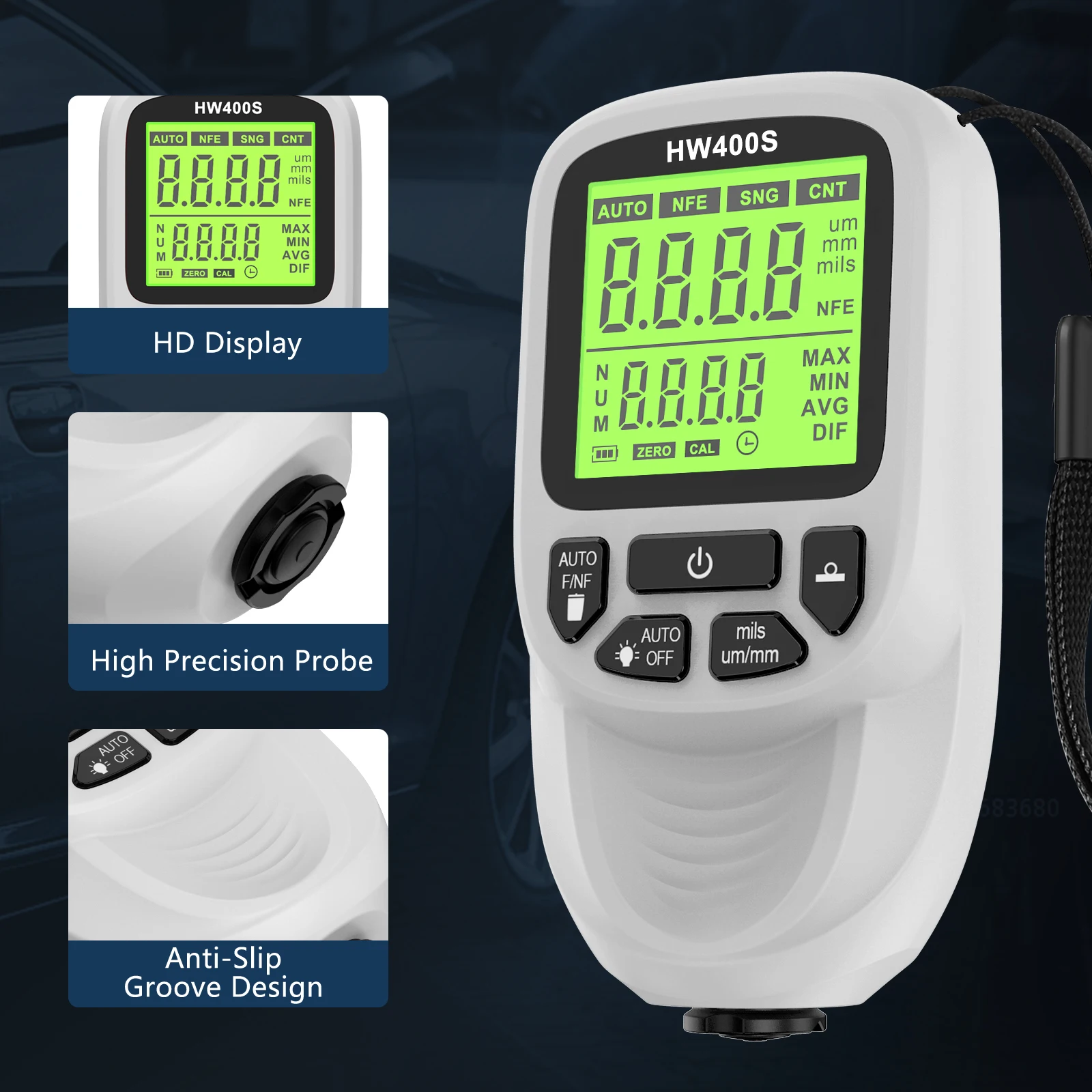 Miernik grubości powłoki HW400S 0-2000UM Tester grubości lakieru samochodowego Przenośny miernik grubości powłoki Narzędzie do pomiaru grubości lakieru ręcznego do Fe/NFE