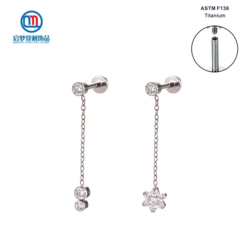 ASTM F136 Titanium Flower and Disc Dangling Earrings Internal Thread Body Piercing Jewelry