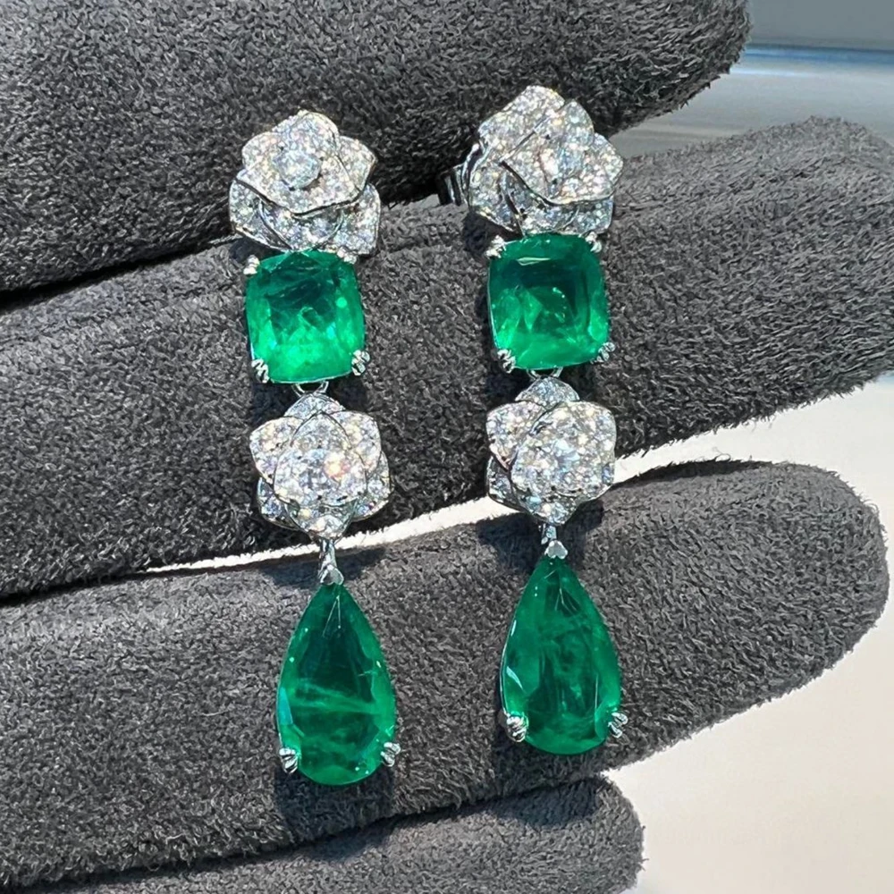 KQDANCE  925 Sterling Silver Emerald Green High Carbon Diamond Gemstone Flower Drop Dangle Earrings Fine Jewelry For Women