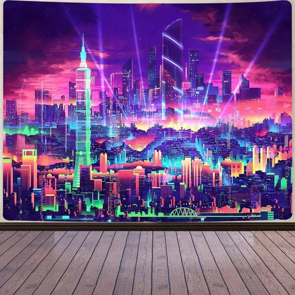 Punk Neon Future City Tapestry – Futuristic Urban Nightscape Wall Art for Living Room, Bedroom or Dorm Decor