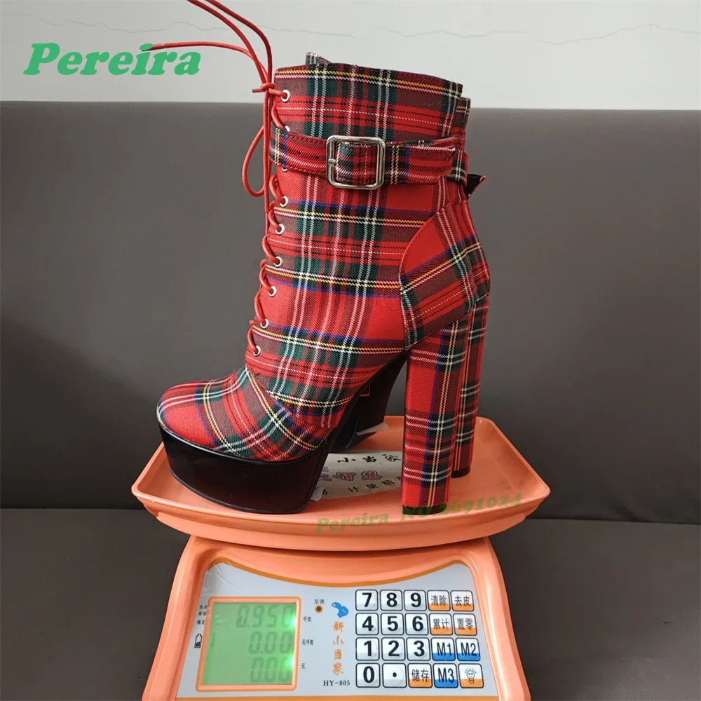 

Plaid Platform Buckled Ankle Boots Block Heeled Cross Tied Lace-Up Short Booties for Women Side Zipper Runway Luxury Shoes Sexy
