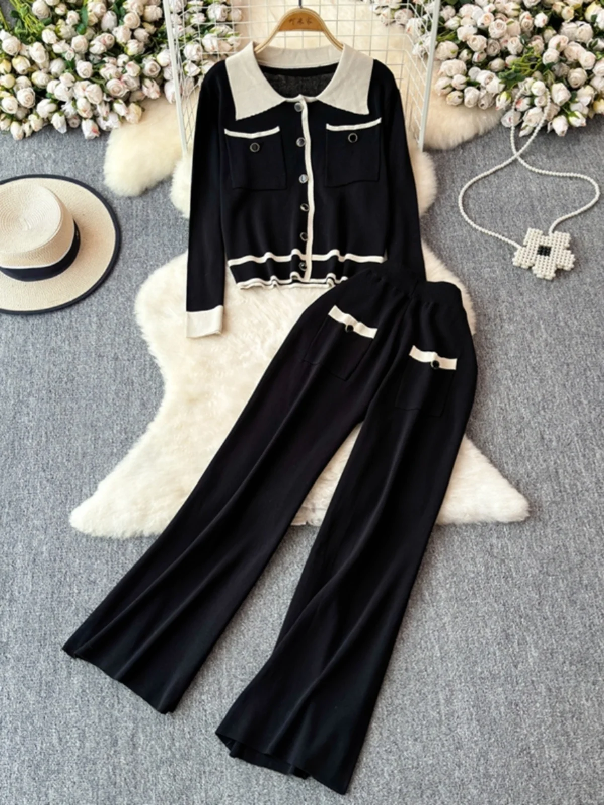 Autumn Winter Knitted Two Piece Sets Women Knitting Cardigants Long Wide Legs Pants Suits Knitwear