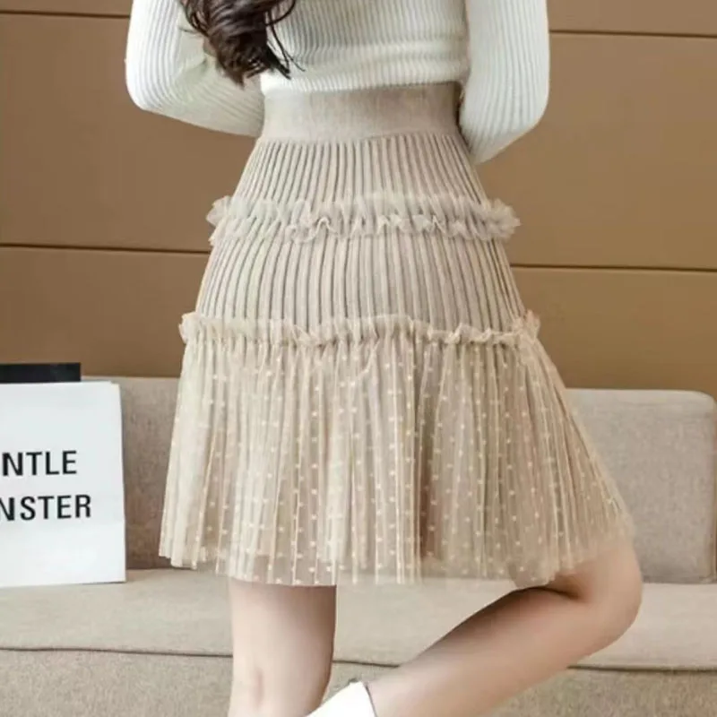 Women Tulle Patchwork Puffy Skirt Korean Style High Waist Knitted Dot Pleated Skirt Woman Spring Simple All-Match Short Skirts